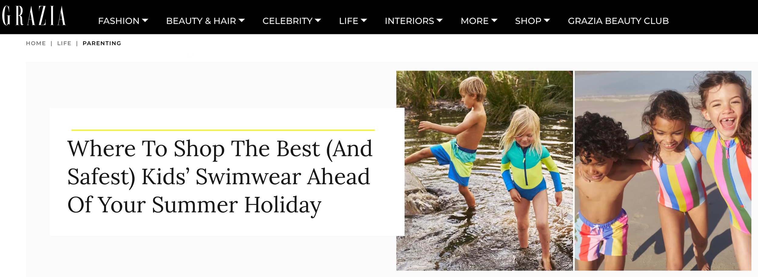 'Best and Safest Kids Swimwear' featured in Grazia