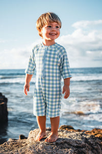 UV Protector Swim Onesie | Soft Blue Gingham