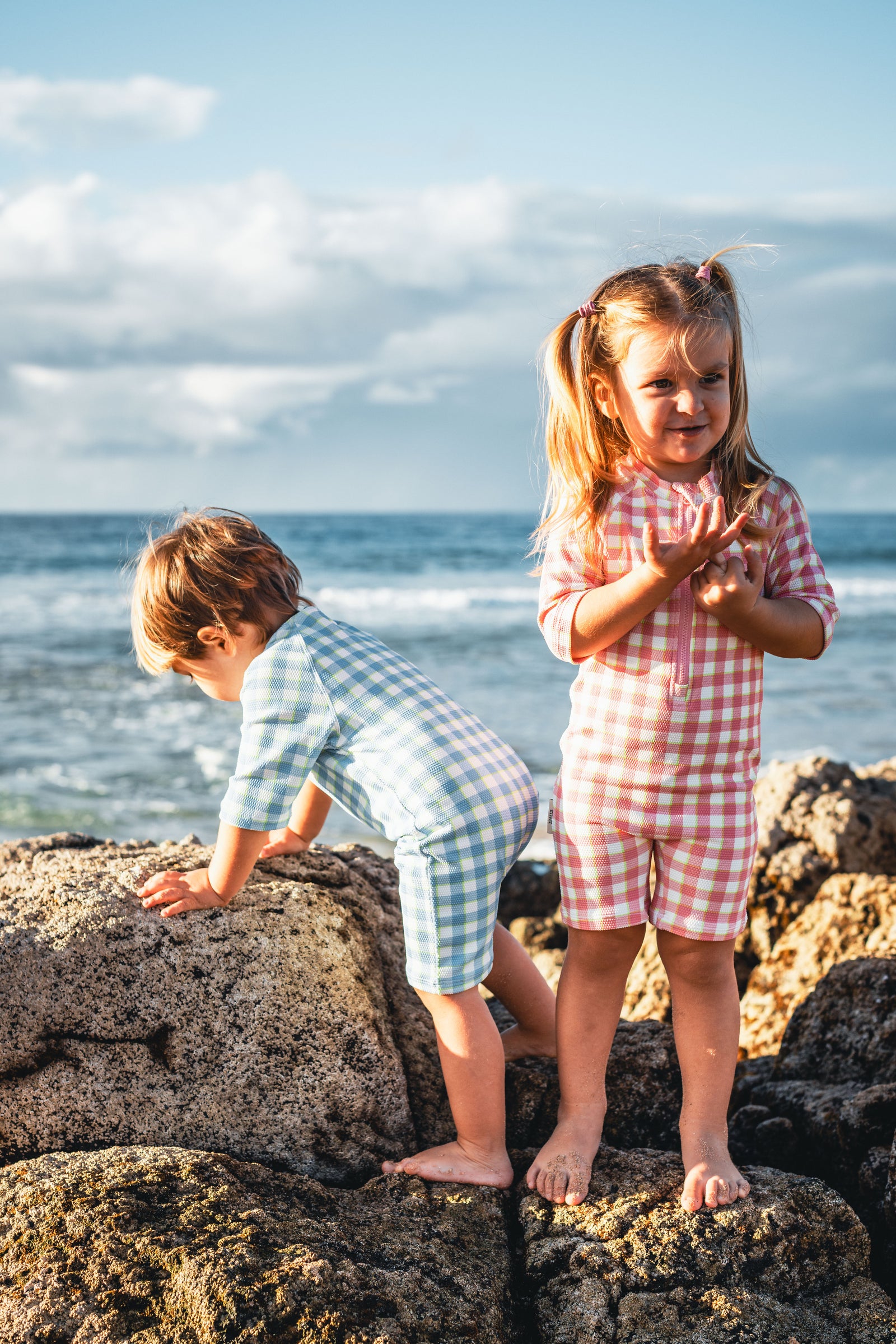 UV Protector Swim Onesie | Soft Blue Gingham