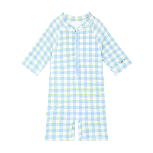 UV Protector Swim Onesie | Soft Blue Gingham